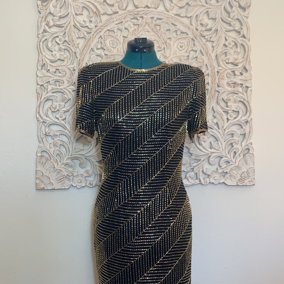 AJ Bari Vintage Hand Beaded Silk CockTail Dress - Picture 6 of 16